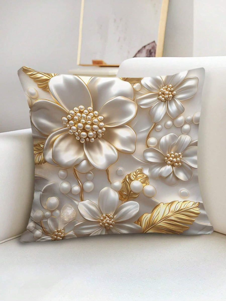 1pc Fashionable Floral & Pearl Pattern Printed Throw Pillow Cover, Home Decor Cushion Cover Without Insert, Suitable For Sofa, Living Room, Back To School, School Supplies