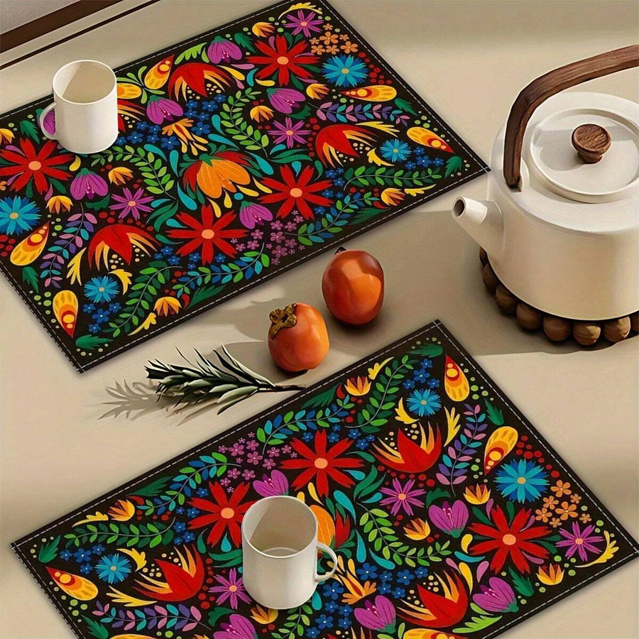 4 Pack Table Decorative Placemats, Soft Fabric, Mexican Floral Placemats For Dining Table, Holiday Decorations, Floral Fiesta Decorations, Washable Placemats, Home Decor Supplies
