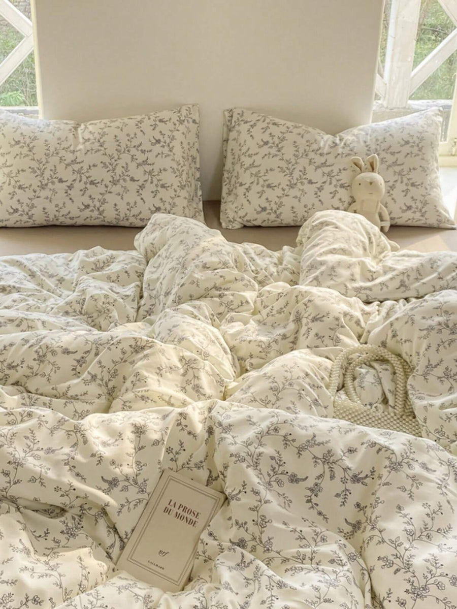4pcs Branch Blossom Duvet Cover Set (1*Duvet Cover + 1*Bed Sheet + 2*Pillowcases, No Filling) Fresh Floral Grey Branch Leaves Solid Color Bed Sheet Valentine's Day Daily Use 100% Polyester Fiber All Season Washable