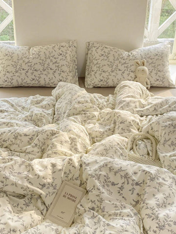 4pcs Branch Blossom Duvet Cover Set (1*Duvet Cover + 1*Bed Sheet + 2*Pillowcases, No Filling) Fresh Floral Grey Branch Leaves Solid Color Bed Sheet Valentine's Day Daily Use 100% Polyester Fiber All Season Washable